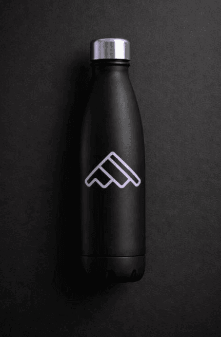 Branded water bottle with outlined isotype
